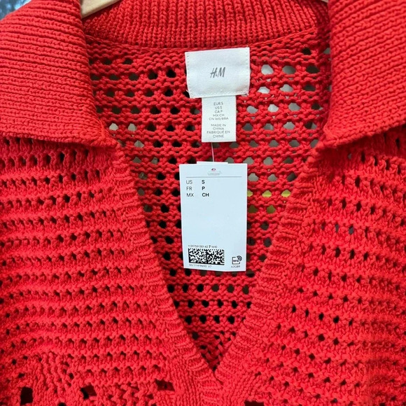 H&M sweater crochet pointelle knit cotton long sleeve top scalloped collar - Picture 2 of 7